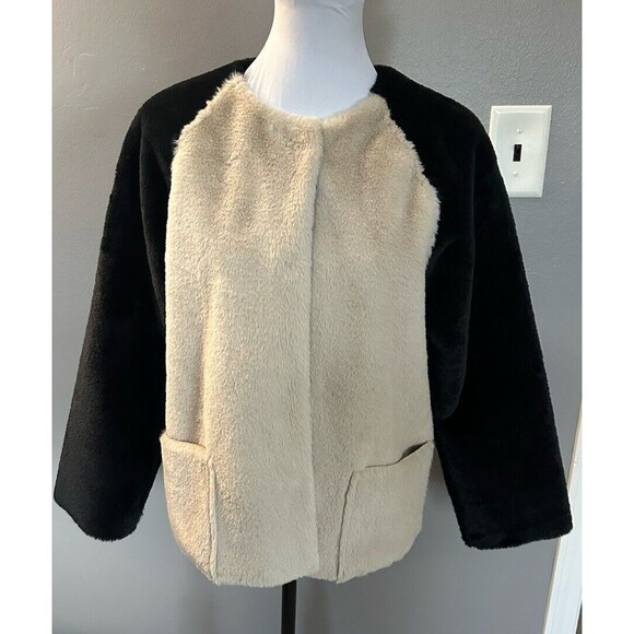 Velvet by Graham & Spencer Color-block Black Tan Faux Fur Jacket Women XS Coat - Picture 1 of 8